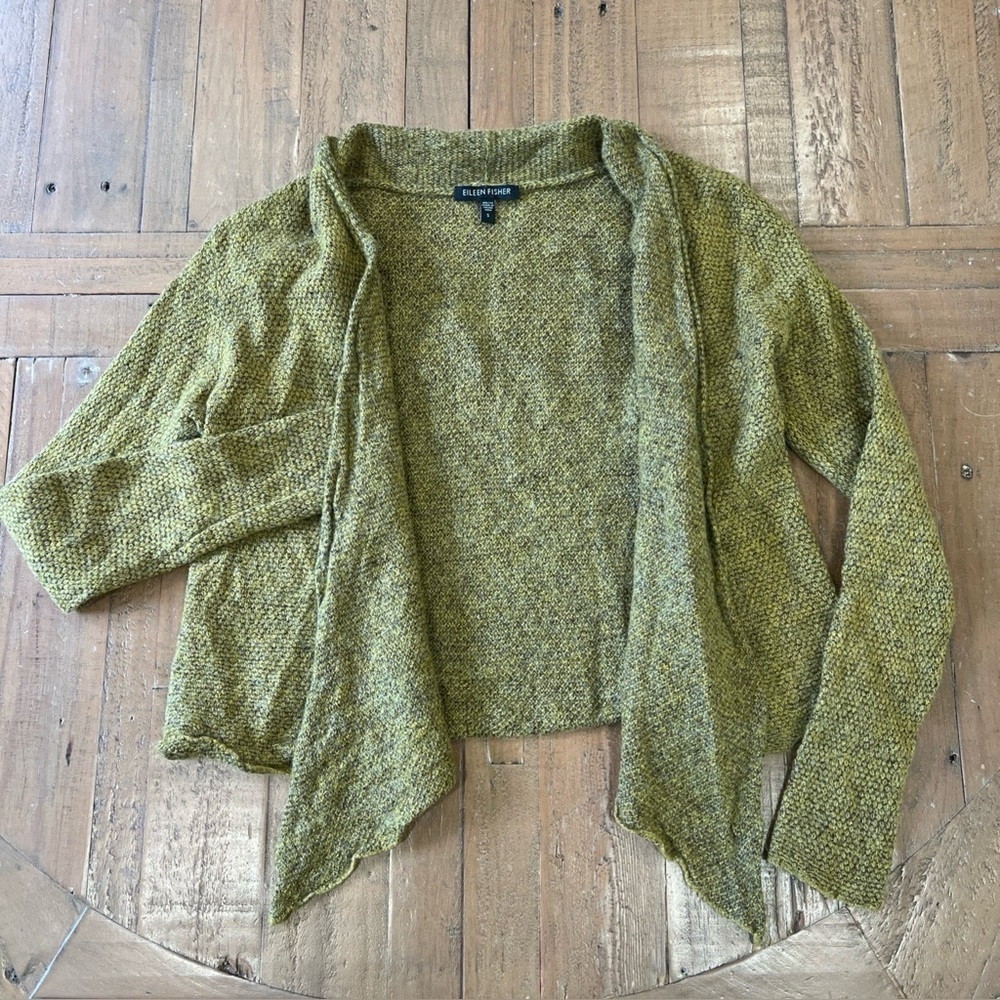Eileen Fisher Open Front Cardigan Sweater Small Olive Green Knit Shawl Cozy